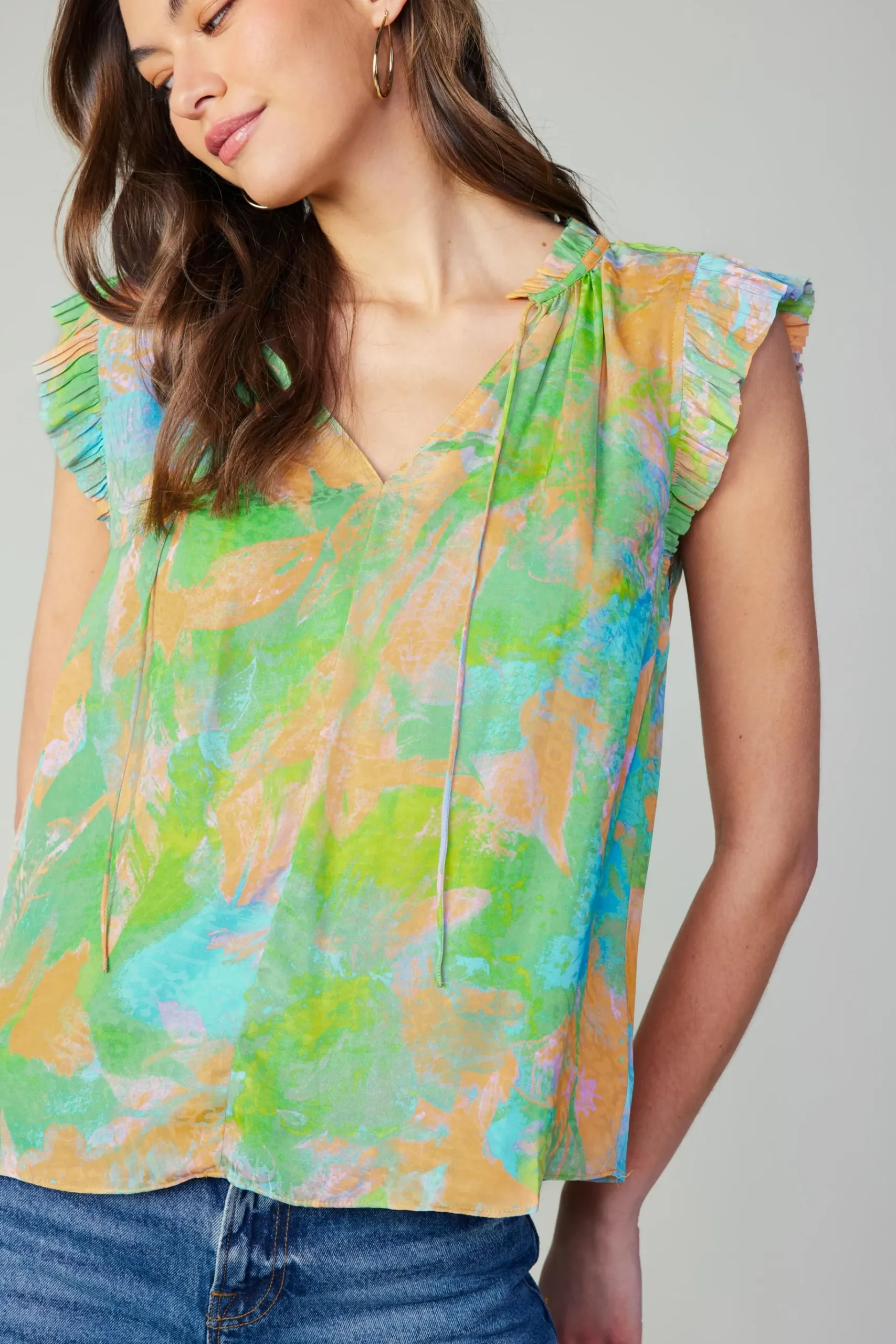 Hot Margot Abstract Pleated Sleeve Blouse Women Short Sleeve Tops