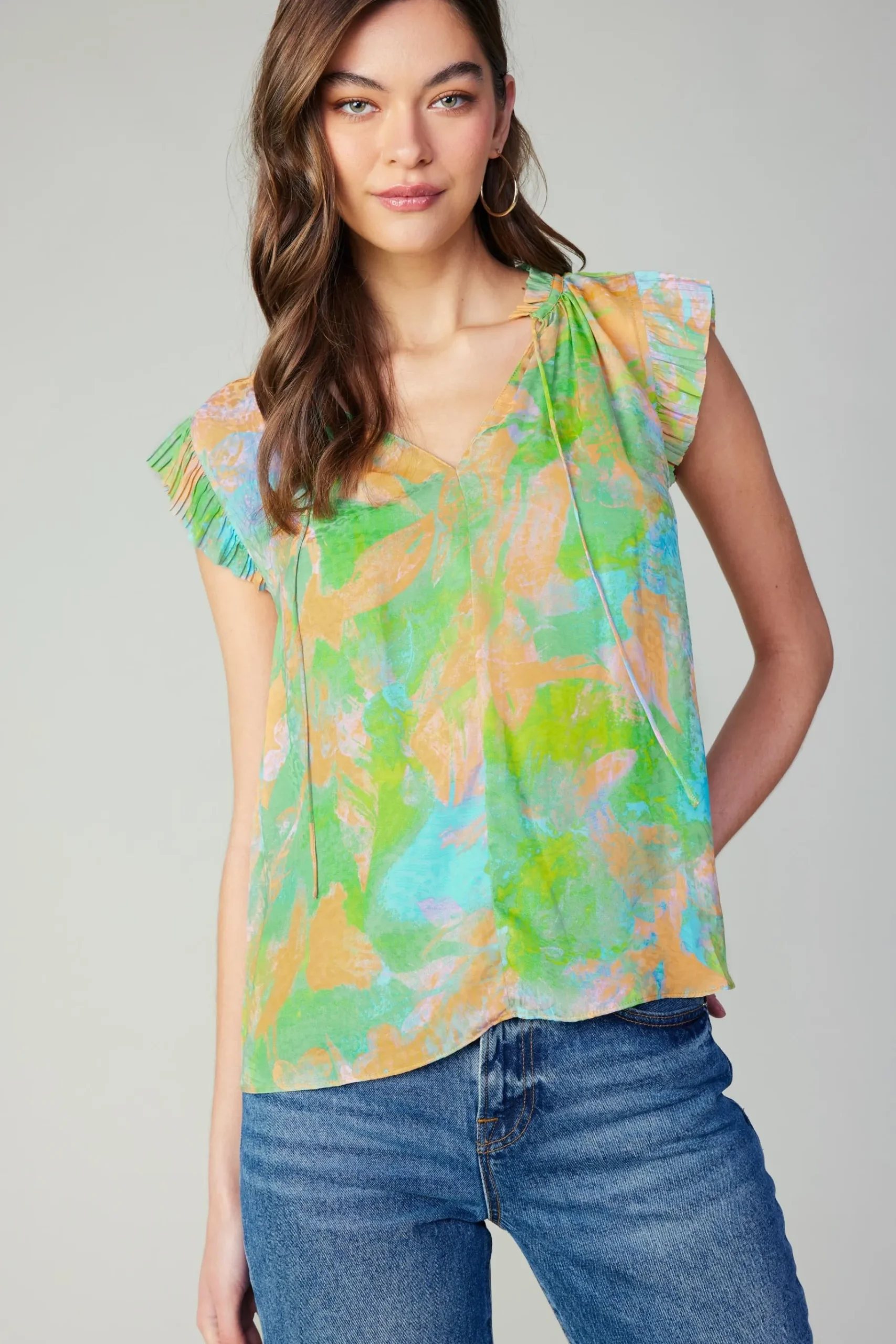 Hot Margot Abstract Pleated Sleeve Blouse Women Short Sleeve Tops
