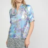 Hot Metallic Botanical Print Top Women Short Sleeve Tops