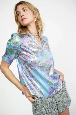 Hot Metallic Botanical Print Top Women Short Sleeve Tops