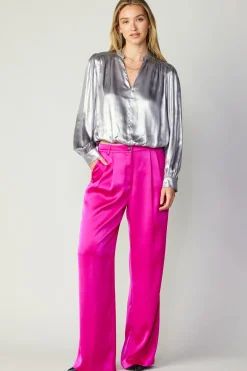 Fashion Metallic Bubble Hem Blouse Women Long Sleeve Tops