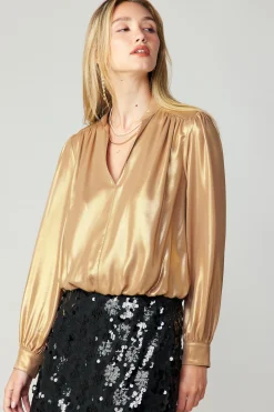Clearance Metallic Bubble Hem Blouse Women Long Sleeve Tops