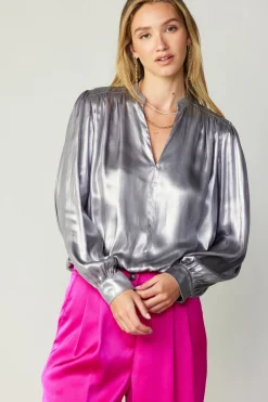 Fashion Metallic Bubble Hem Blouse Women Long Sleeve Tops