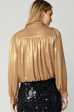 Clearance Metallic Bubble Hem Blouse Women Long Sleeve Tops