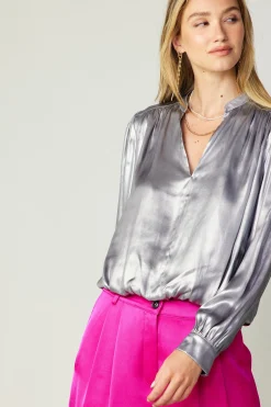 Fashion Metallic Bubble Hem Blouse Women Long Sleeve Tops