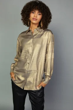 Clearance Metallic Button Down Top Women Long Sleeve Tops