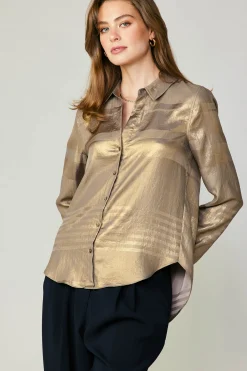 Discount Metallic Buttonup Shirt Women Long Sleeve Tops