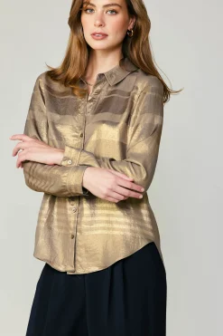 Discount Metallic Buttonup Shirt Women Long Sleeve Tops