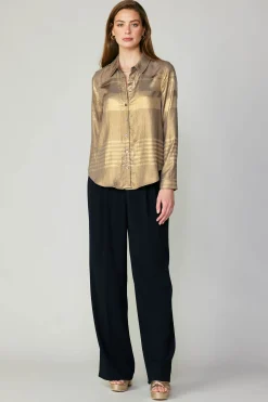Discount Metallic Buttonup Shirt Women Long Sleeve Tops