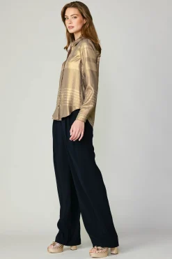 Discount Metallic Buttonup Shirt Women Long Sleeve Tops