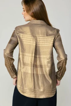 Discount Metallic Buttonup Shirt Women Long Sleeve Tops