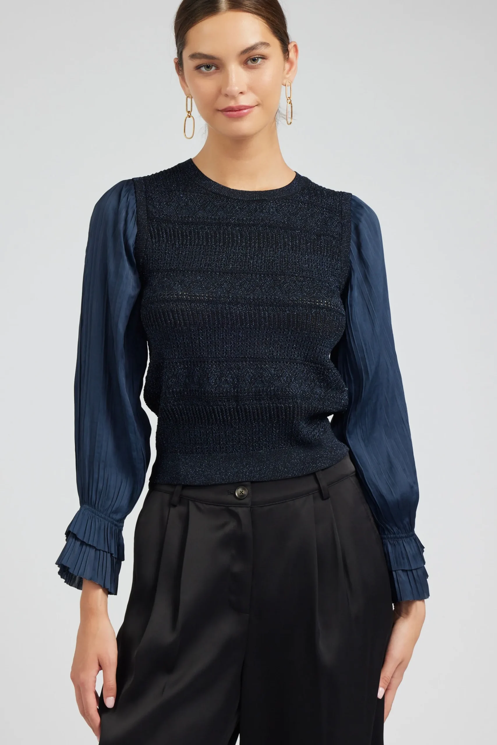 New Metallic Contrast Sweater Top Women Knitwear | Long Sleeve Tops