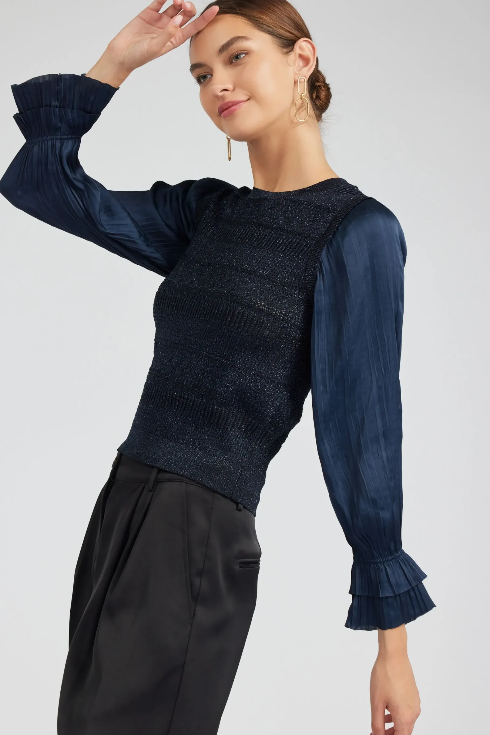 New Metallic Contrast Sweater Top Women Knitwear | Long Sleeve Tops