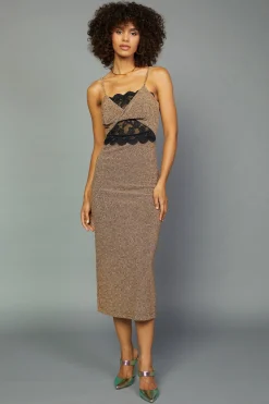 Fashion Metallic Lace Detail Dress Women Midi Dresses