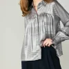 Best Metallic Pleated Shirt Women Long Sleeve Tops