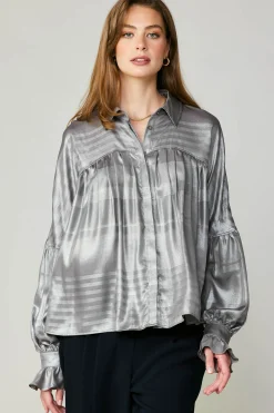 Best Metallic Pleated Shirt Women Long Sleeve Tops