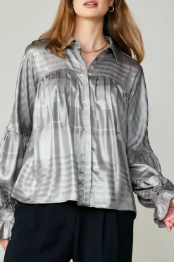 Best Metallic Pleated Shirt Women Long Sleeve Tops