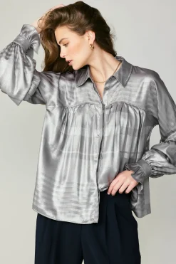 Best Metallic Pleated Shirt Women Long Sleeve Tops