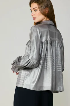 Best Metallic Pleated Shirt Women Long Sleeve Tops