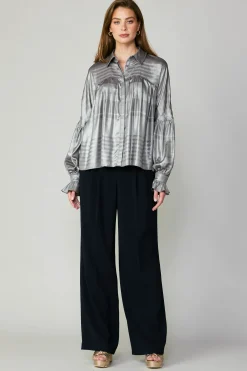 Best Metallic Pleated Shirt Women Long Sleeve Tops