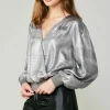 Online Metallic Surplice Blouse Women Long Sleeve Tops