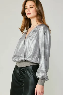 Online Metallic Surplice Blouse Women Long Sleeve Tops