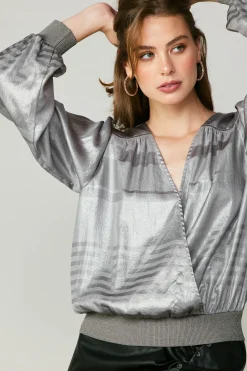 Online Metallic Surplice Blouse Women Long Sleeve Tops