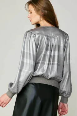 Online Metallic Surplice Blouse Women Long Sleeve Tops