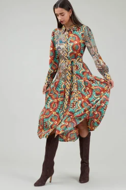 Discount Mixed Print Shirt Dress Women Midi Dresses