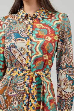 Discount Mixed Print Shirt Dress Women Midi Dresses