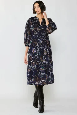 Clearance Navy Floral Midi Dress Women Midi Dresses