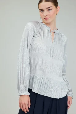 Discount Opalescent Pleated Blouse Women Long Sleeve Tops