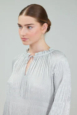 Discount Opalescent Pleated Blouse Women Long Sleeve Tops
