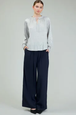 Discount Opalescent Pleated Blouse Women Long Sleeve Tops