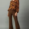 Clearance Orange Picot Stitch Blouse Women Long Sleeve Tops