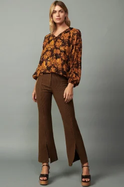 Clearance Orange Picot Stitch Blouse Women Long Sleeve Tops