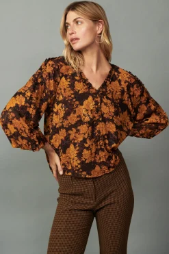 Clearance Orange Picot Stitch Blouse Women Long Sleeve Tops