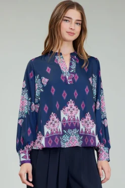 Online Ornate Border Print Blouse Women Long Sleeve Tops