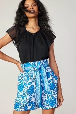 New Painterly Floral Belted Shorts Women Shorts