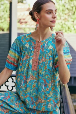 New Paisley Border Print Top Women Short Sleeve Tops