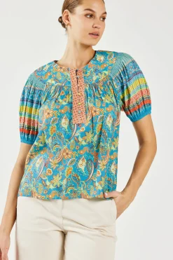 New Paisley Border Print Top Women Short Sleeve Tops