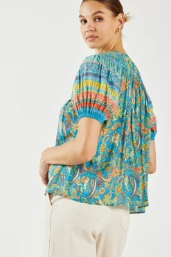 New Paisley Border Print Top Women Short Sleeve Tops