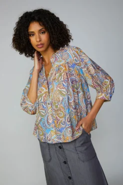 Best Paisley Motif Button Blouse Women Long Sleeve Tops