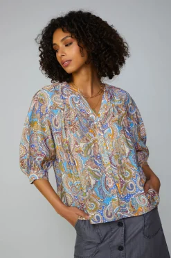 Best Paisley Motif Button Blouse Women Long Sleeve Tops