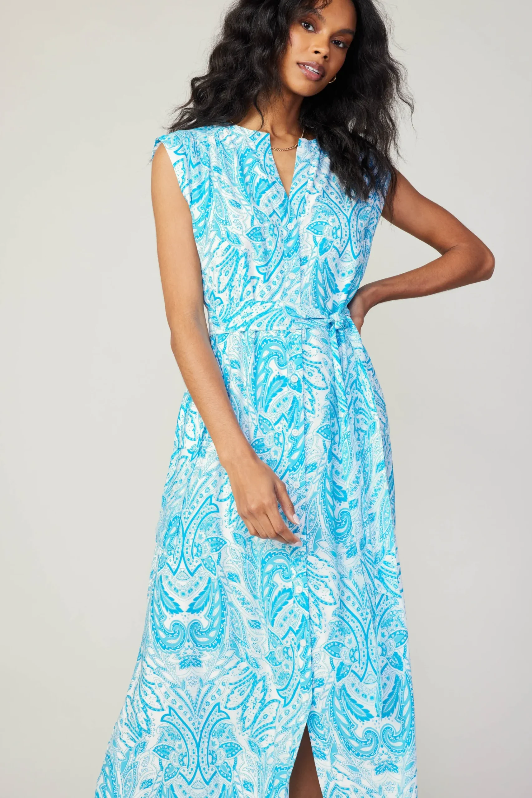 Outlet Paisley Printed Sleeveless Dress Women Midi Dresses