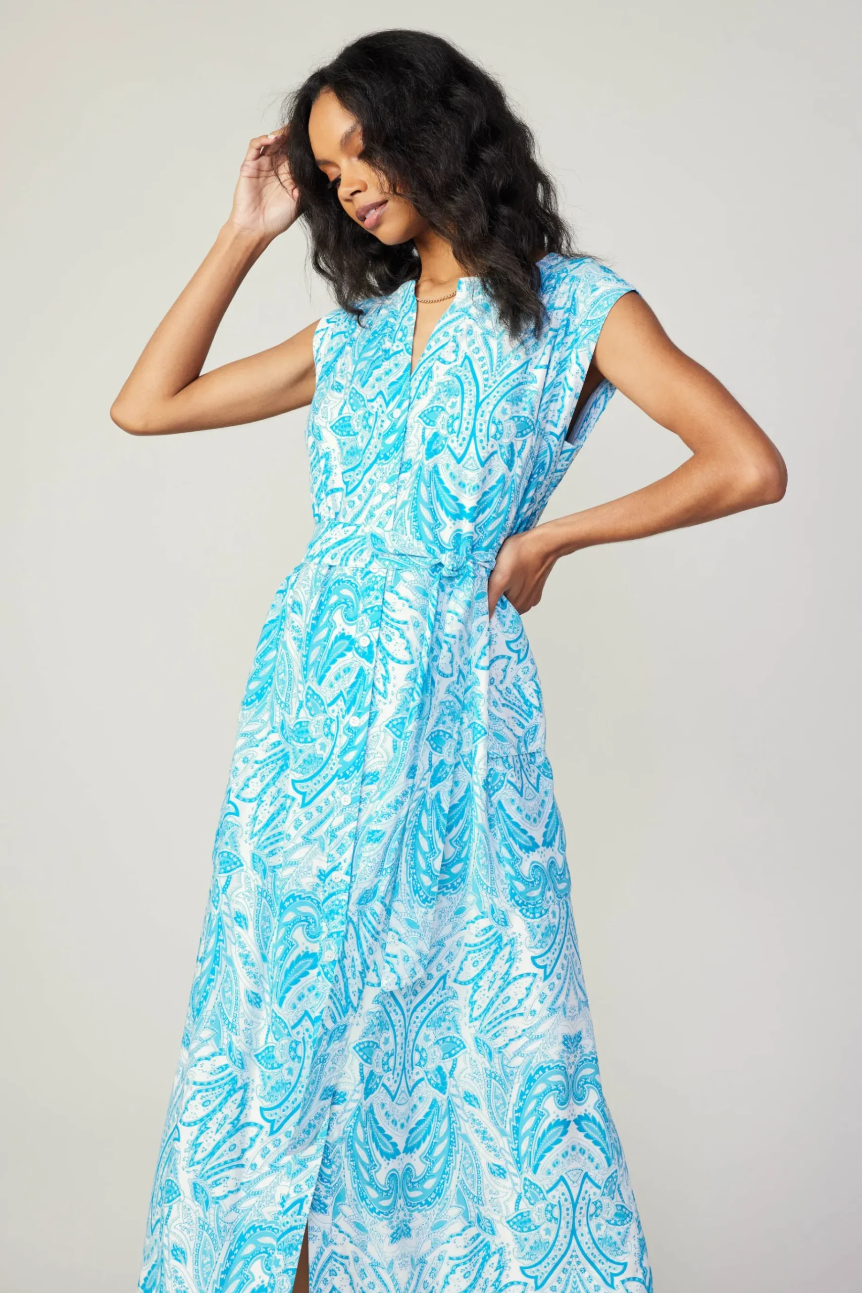 Outlet Paisley Printed Sleeveless Dress Women Midi Dresses