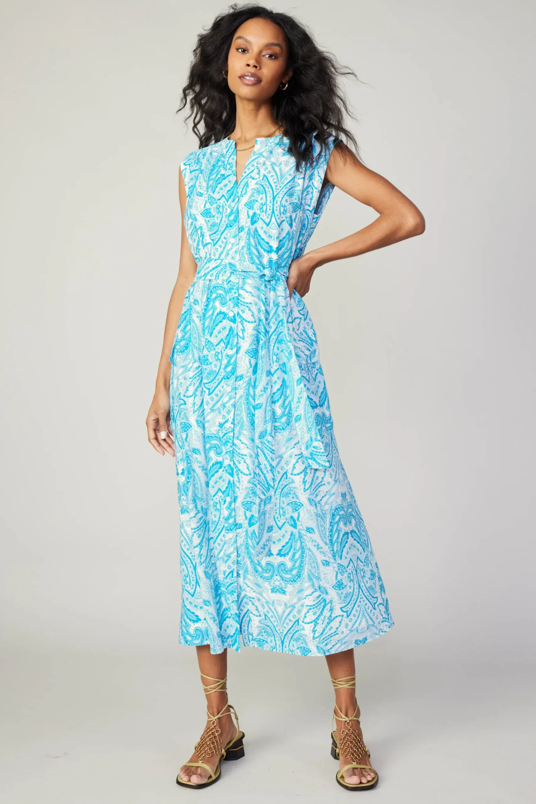 Outlet Paisley Printed Sleeveless Dress Women Midi Dresses