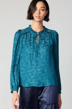 Online Paisley Split Neck Blouse Women Long Sleeve Tops