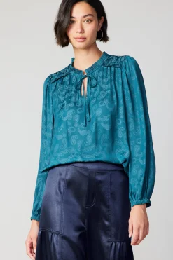 Online Paisley Split Neck Blouse Women Long Sleeve Tops