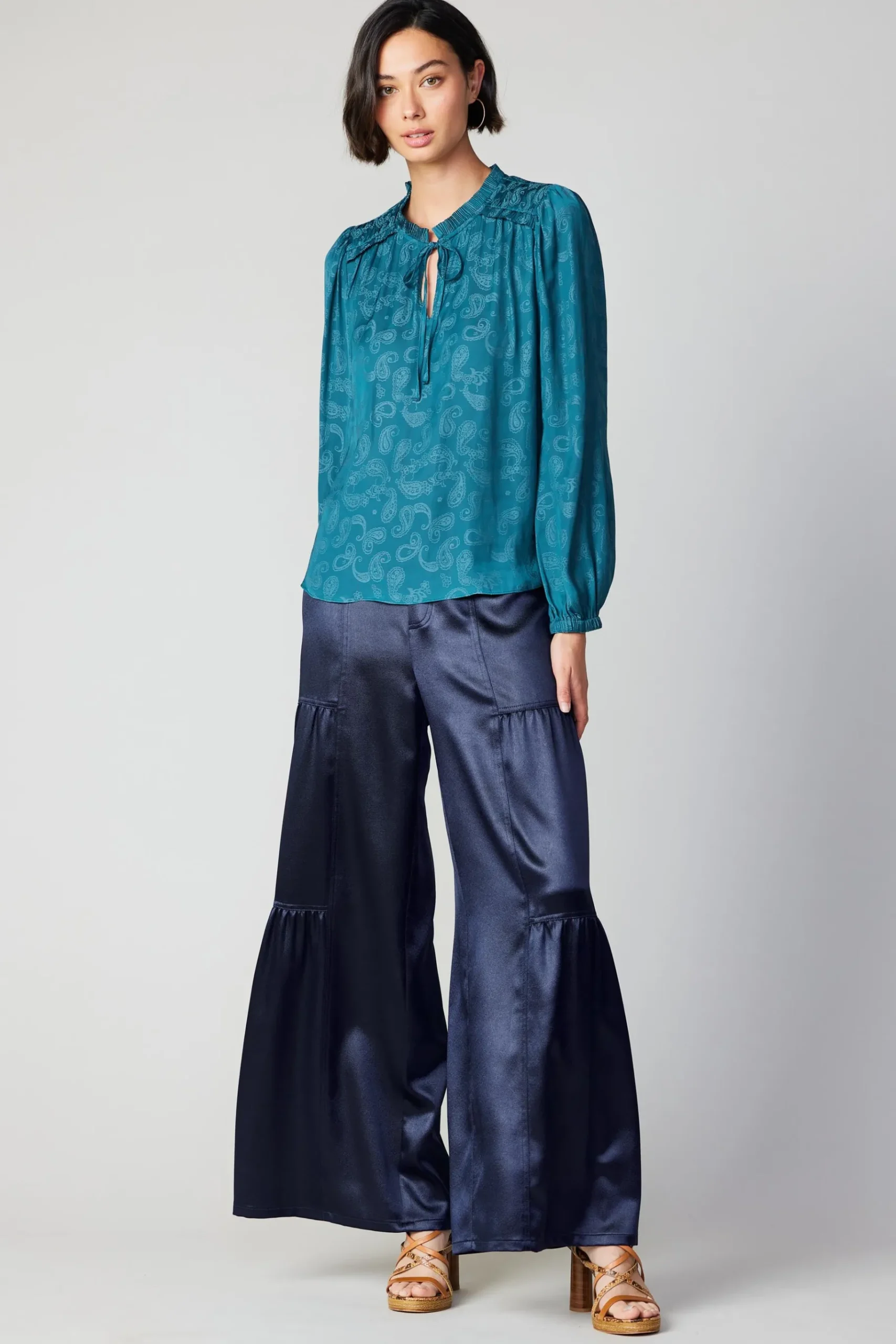 Online Paisley Split Neck Blouse Women Long Sleeve Tops